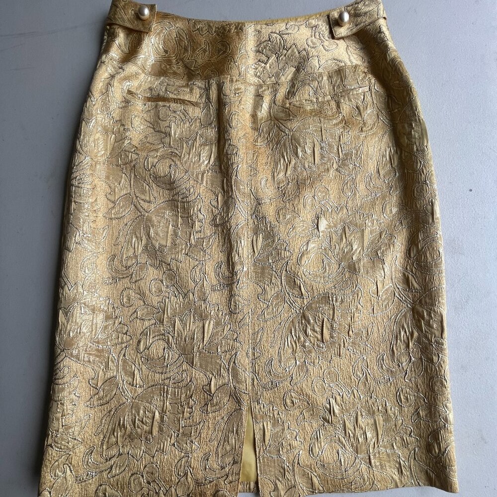 Vintage Perry Ellis Skirt 10P Gold Floral Jacquard Pockets Lined Office Siren - Picture 6 of 14